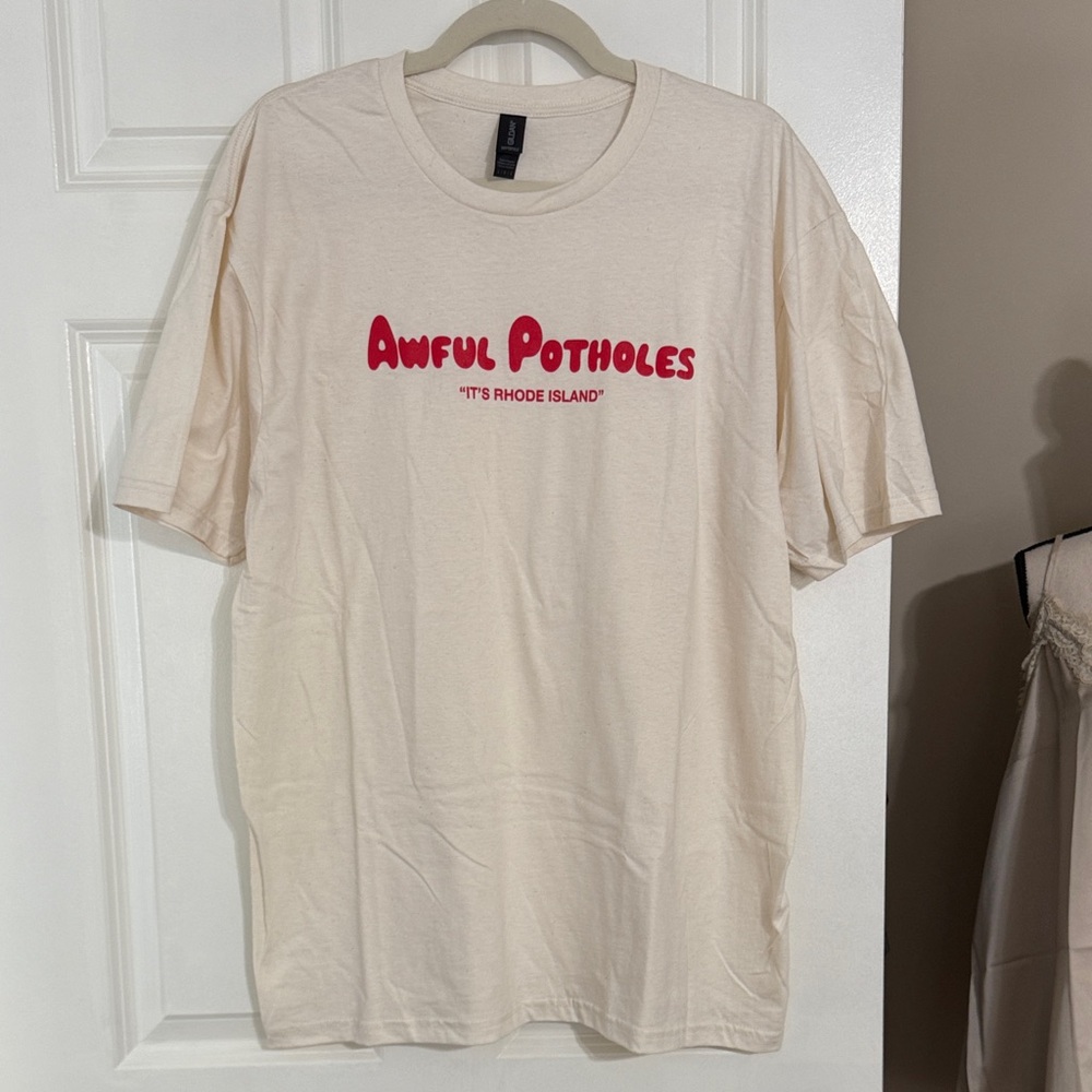 Gildan Beige Tee with Awful Potholes It’s Rhode Island